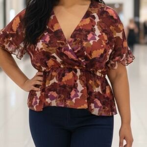 Sofia Jeans Floral Peplum Blouse Medium Burgundy Sheer V Neck Flutter Sleeve Top